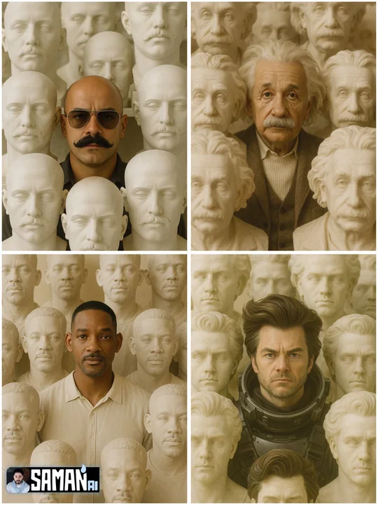 Hyper-realistic portrait located at the center of the plaster.