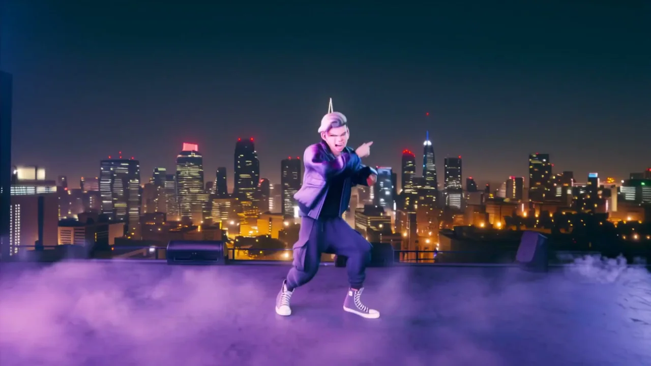 Scène énergique de hip-hop coréen sous le ciel néon.