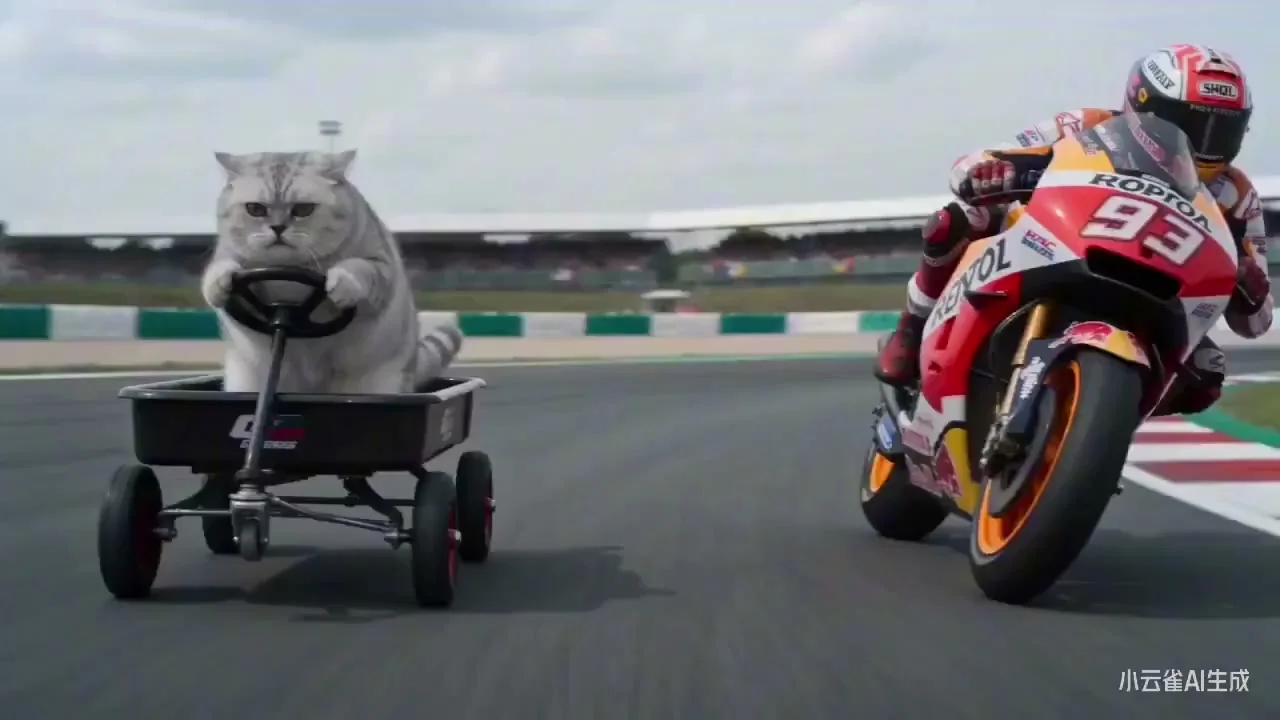 Милый кот пересекает трассу MotoGP, обгоняя 93-й автомобиль Honda
