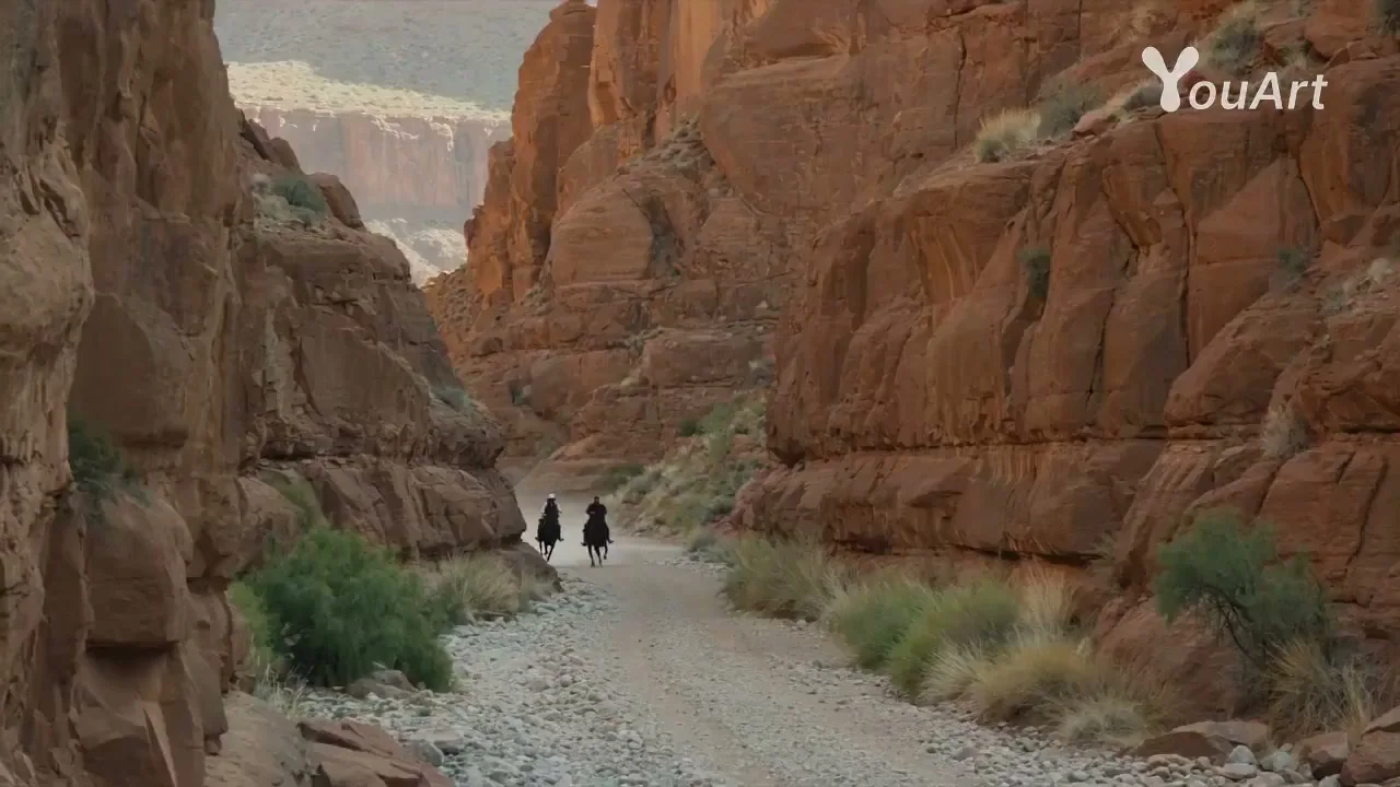 Film d'animation en temps réel avec des chevaux en cavale dans un canyon désertique