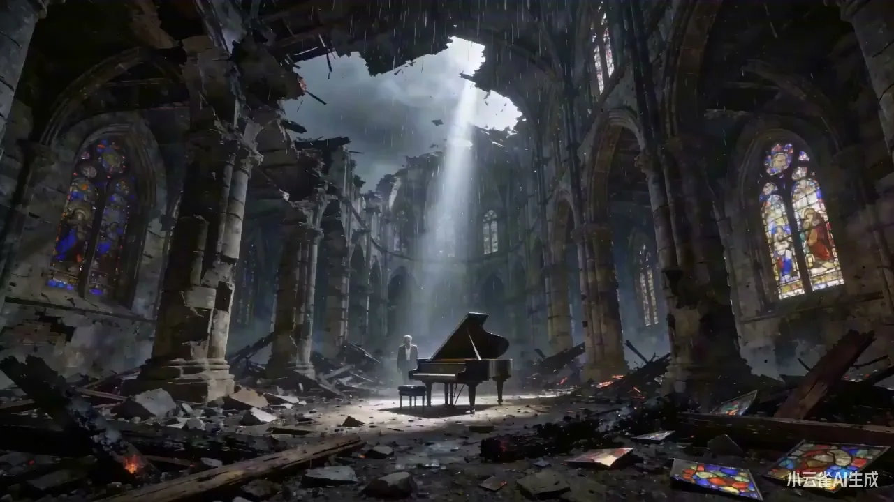 Ruins' piano music reverses the time of the bombed church