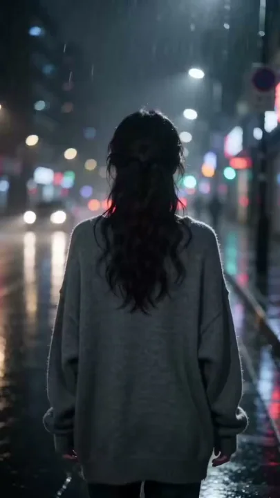 雨夜のネオンライトの下でフィルムに映る少女の後ろ姿