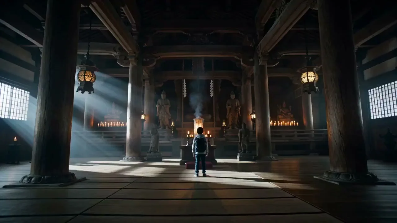 Le héros adolescent s'éveille sous la lune dans un temple ancien.