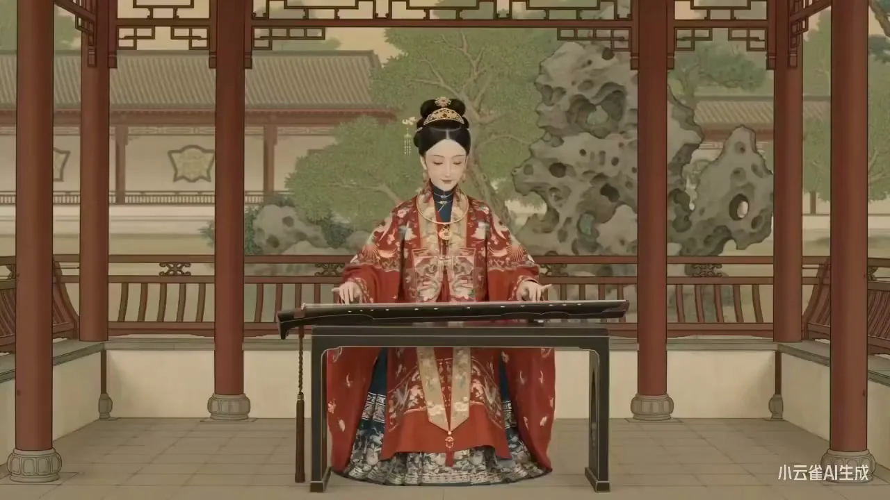Bai Meitu de l'artiste Chóuyīng : Reconstitution IA des dames nobles dans un jardin printanier par l'encre et la couleur vive.