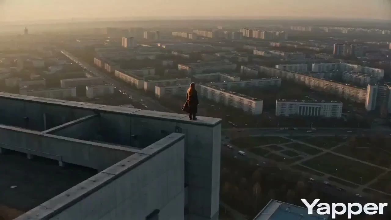 Le regard solitaire de la toiture brutaliste au lever du soleil.