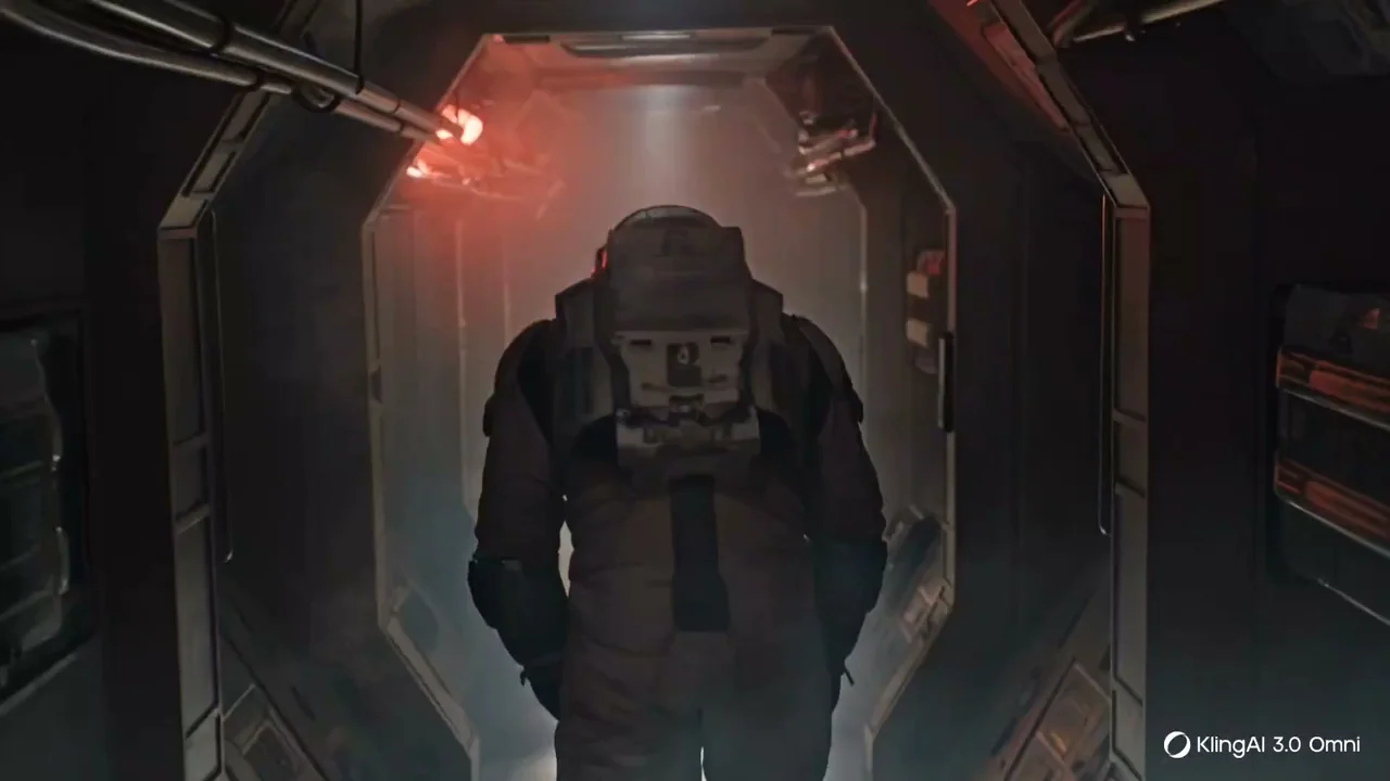 Suivi caméra : un astronaute épuisé s'avance dans le couloir sombre.