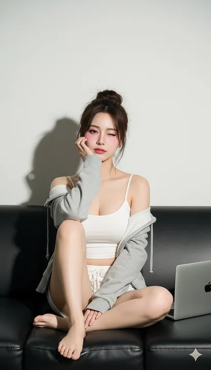 A girl sits on the sofa.