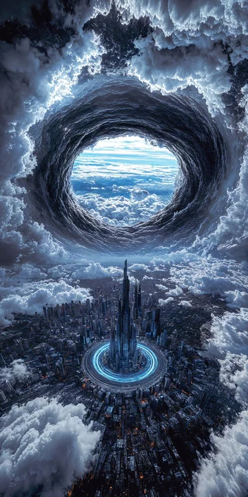 城市上空的巨大漩涡冲破了暴风雨的云层。