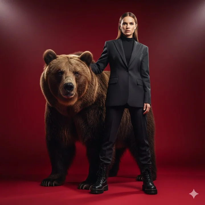 ファッションの女性がクマと記念写真を撮る