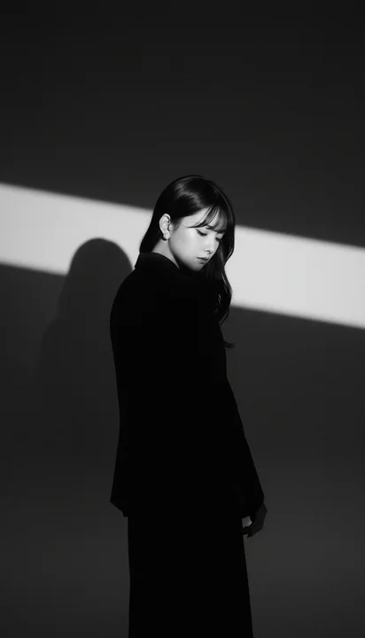 A dramatic black and white studio portrait photo