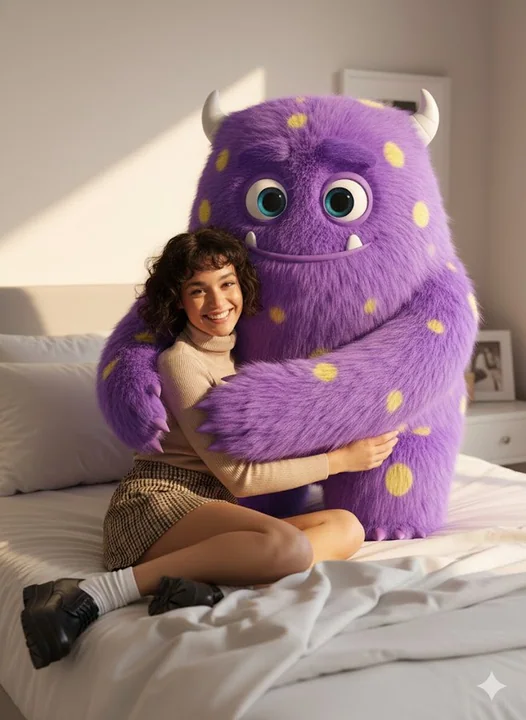 Assis à côté d'un monstre géant pelucheux et mignon de dessin animé