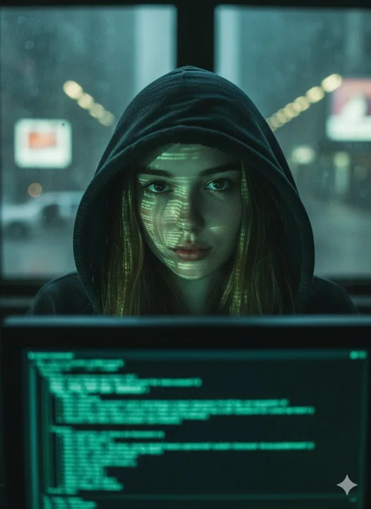 Close-up portrait of a young woman wearing a dark hoodie