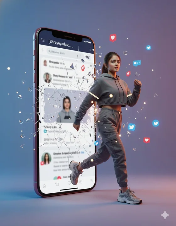 Une femme sort de l'écran d'un smartphone.