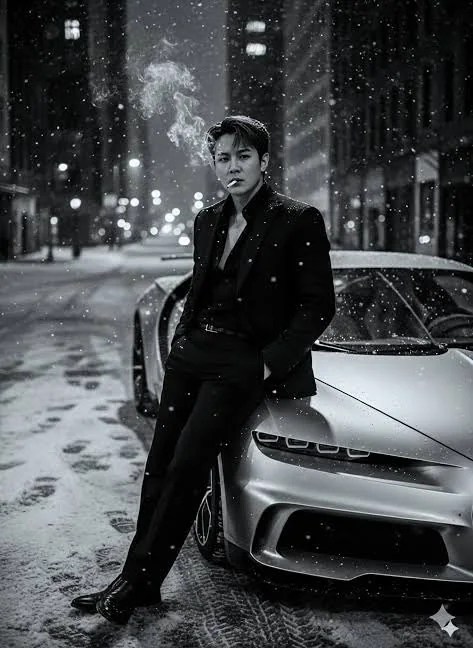 Black and white shadows of a cold-hearted gentleman beside a luxury car on a snowy night