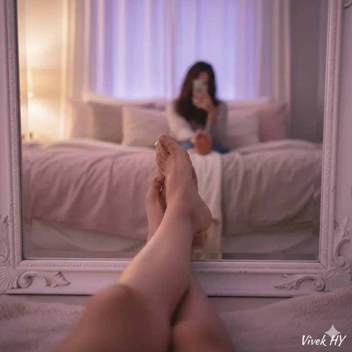 Vibrant mirror reflection of legs in a soft and warm bedroom