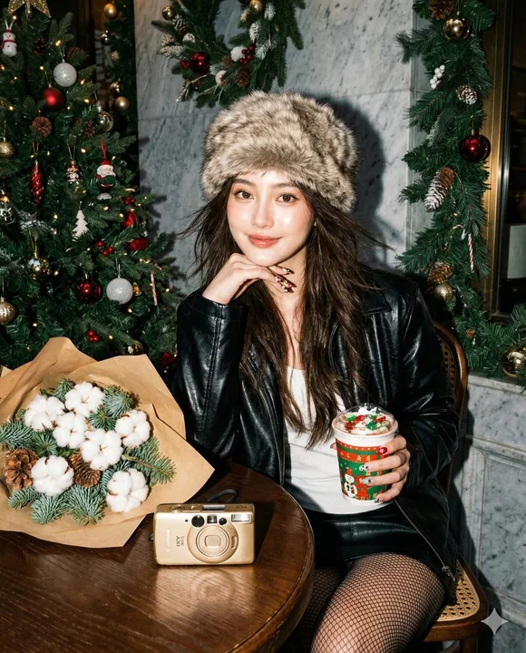 Christmas atmosphere leather jacket girl vintage film flash straight flash photo