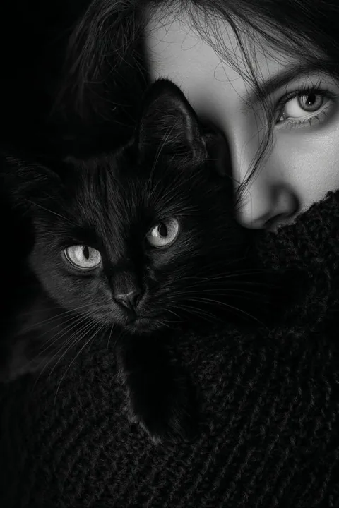 黒白の極致な光と影の下で、女性と黒い猫