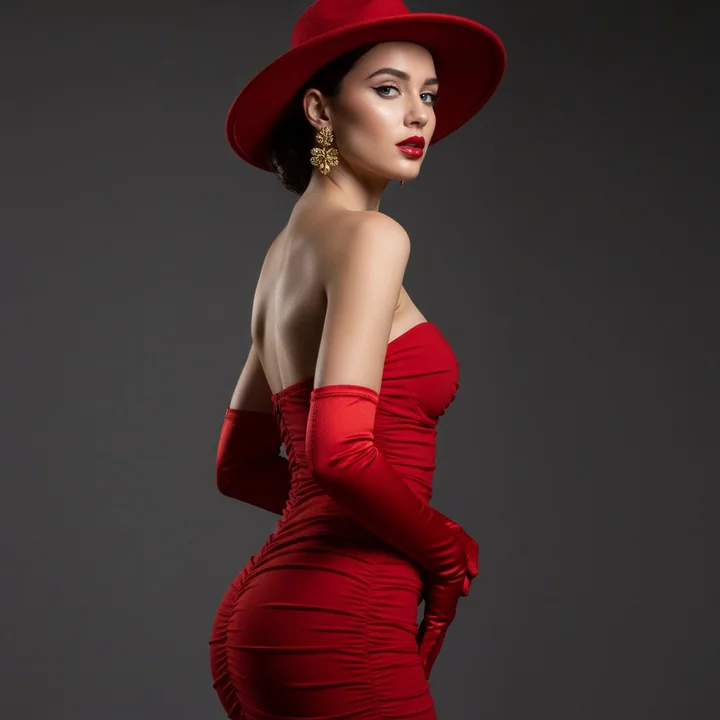 Extreme Red Dress Fashion Spread Under Theatrical Lighting