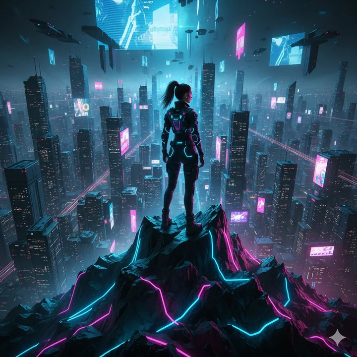 伫立于赛博之巅,俯瞰璀璨霓虹世界的少女