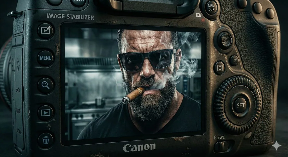 L'homme dur au regard froid, cigarette au bec, sur l'écran de l'appareil photo numérique