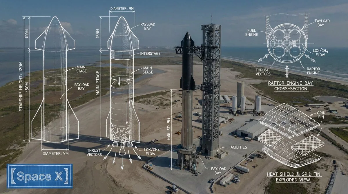 SpaceX 工程原理图和蓝图线条