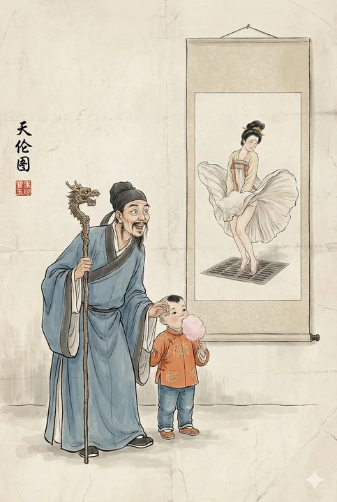 Peinture à l'encre chinoise amusante de scène familiale