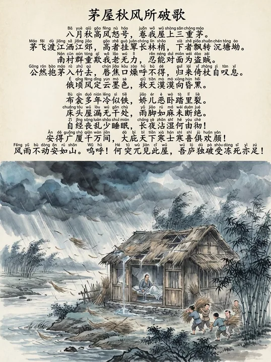 茅屋秋风所破歌 中文和拼音图