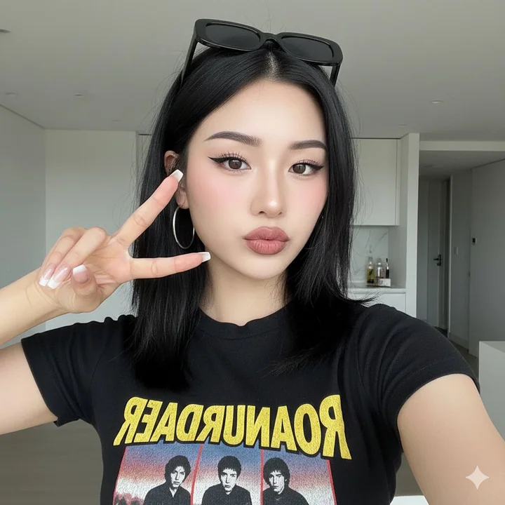 韓国系ミックスの甘いクールな女の子が自宅で鏡に向かってビヨーをしたアップクローズ