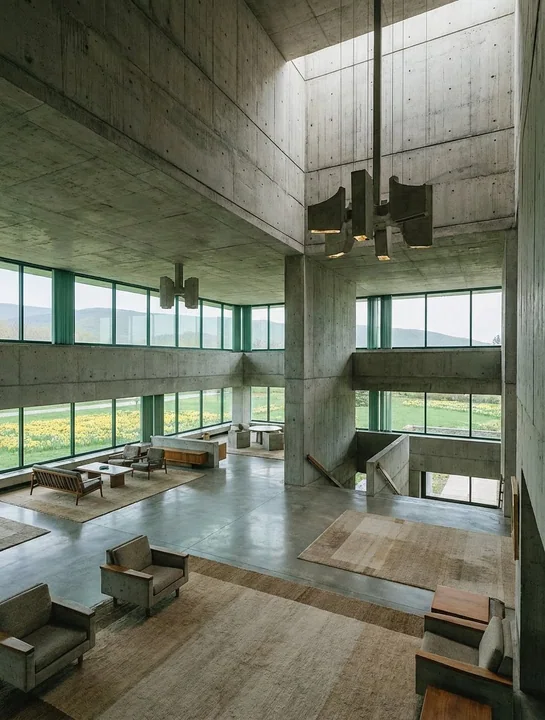 Perspective view of the grand interior space of a building where light and shadow intertwine
