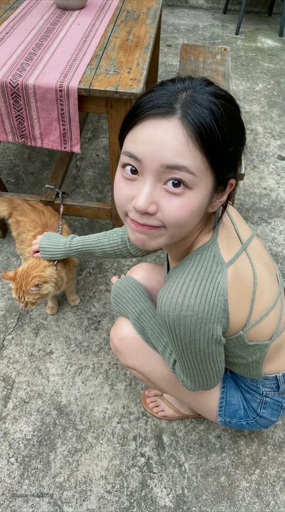 若いアジアの女性がコンクリートの庭に膝をつき座っている