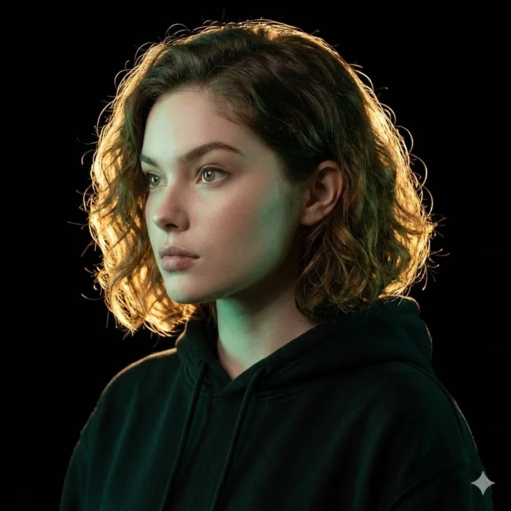 Portrait réaliste en profil profond sous les lumières dorées et vertes