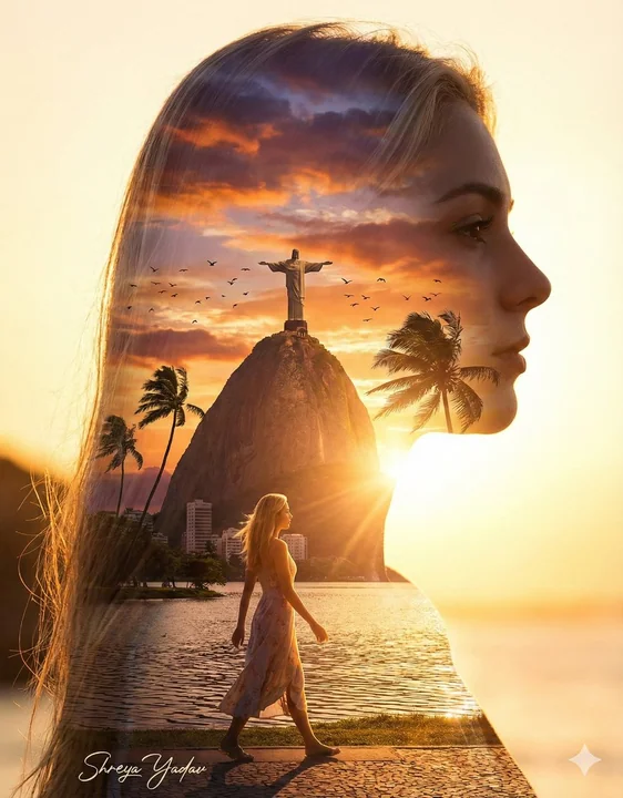 映画感ダブルエクスポージャー:ブロンドの女性のプロフィールの中のリオの夏の夢
