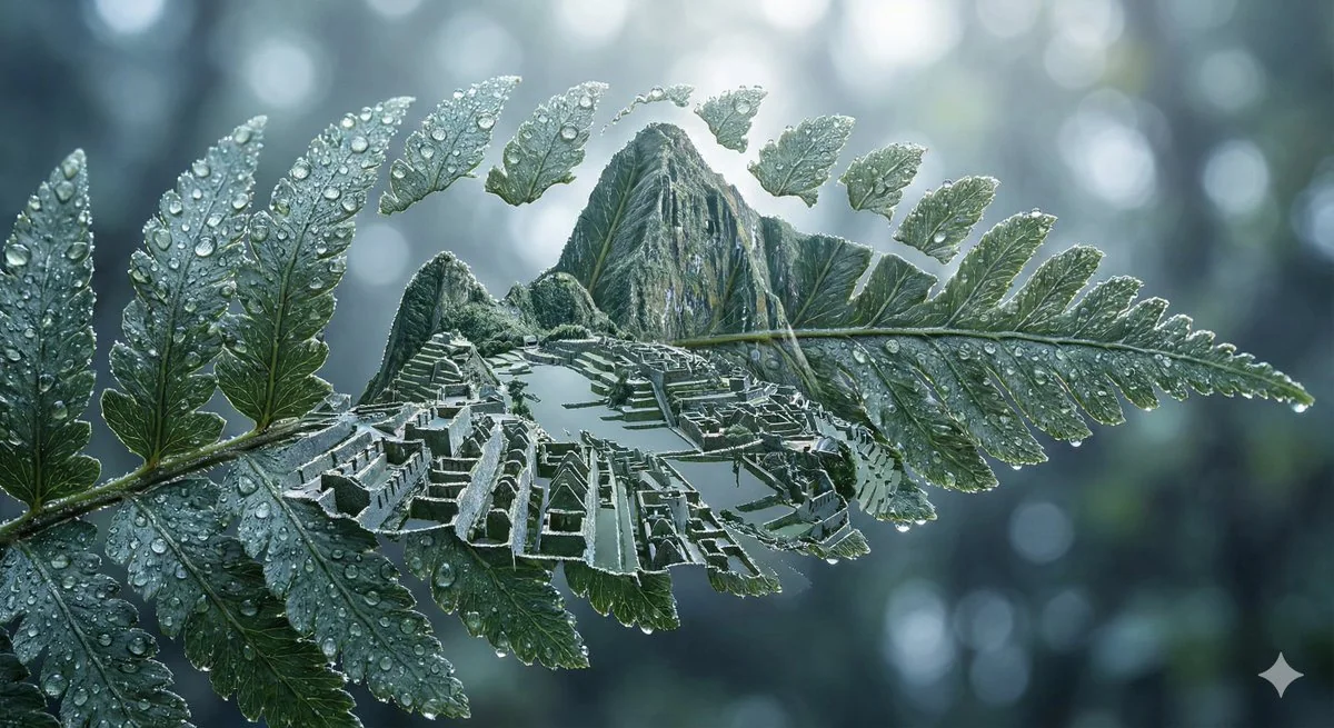 Silhouettes of a city through leafy gaps, illuminated by morning dew.