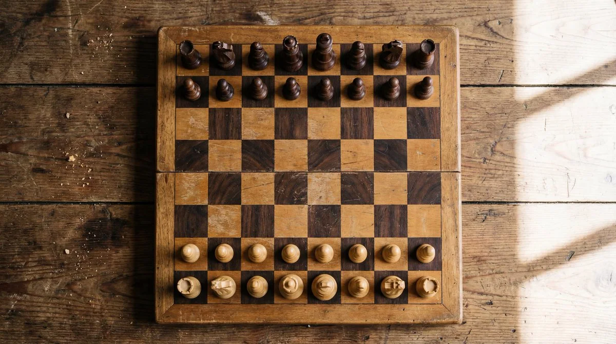 Planche d'échecs vue d'en haut en prise réelle sous des effets de lumière et d'ombre extrêmes