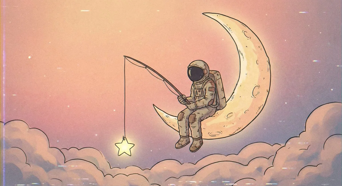 Astronauts are sitting by the crescent moon, fishing for stars.