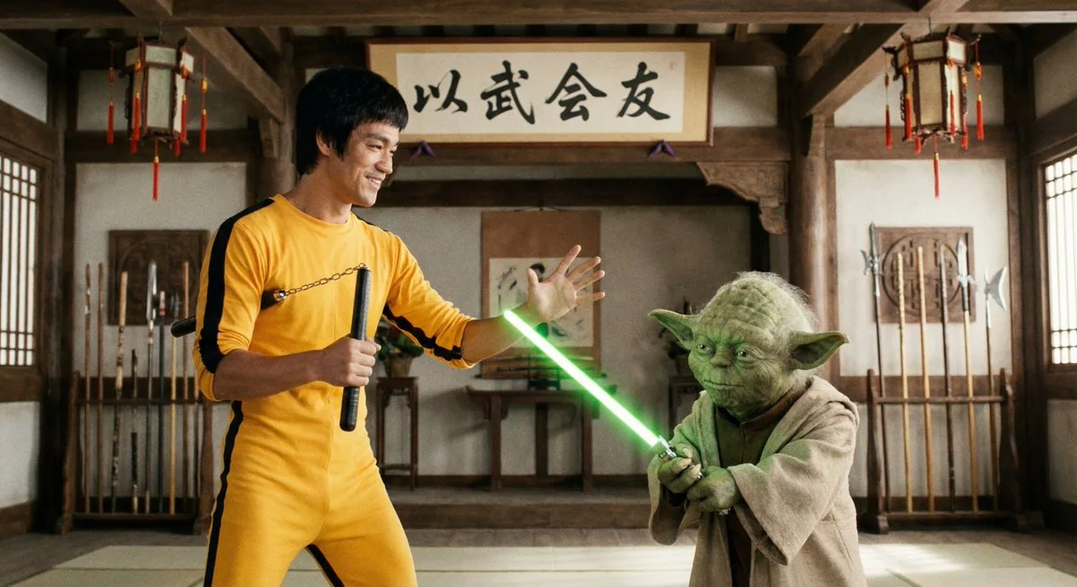 Bruce Lee and Master Yoda meet in a martial arts exchange.