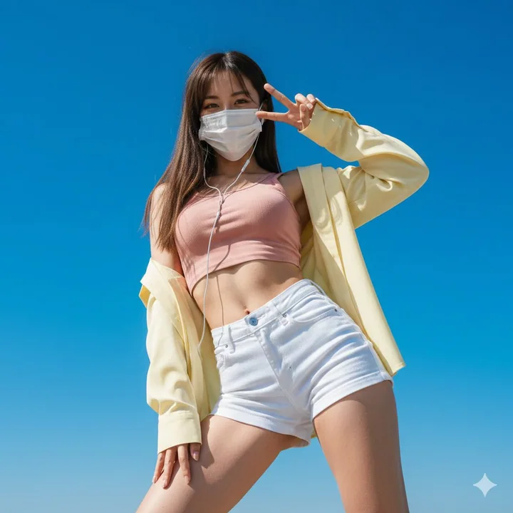 マスクをした女の子が「ヤッホー」のポーズをしています。