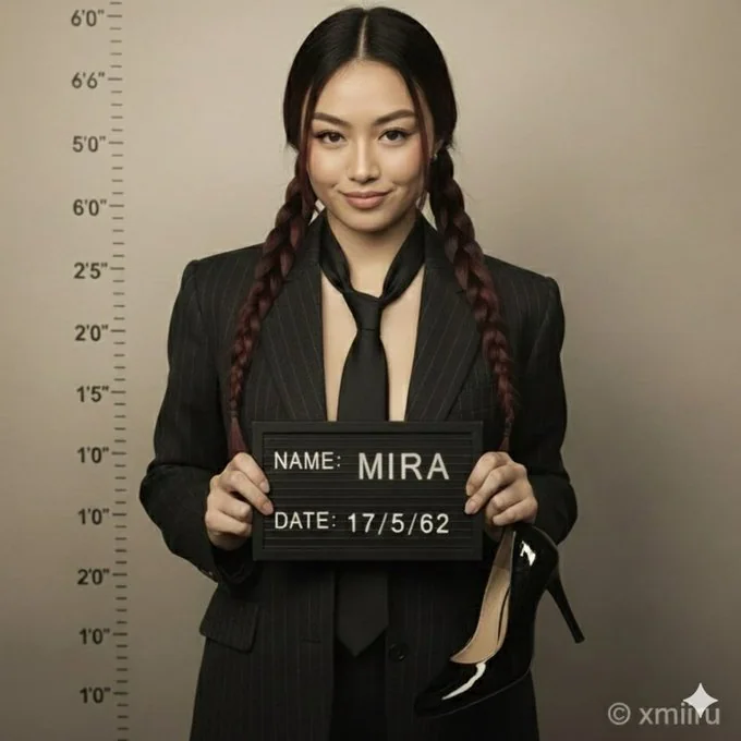 A woman in a suit strikes a pose similar to that of a suspect in a photo.
