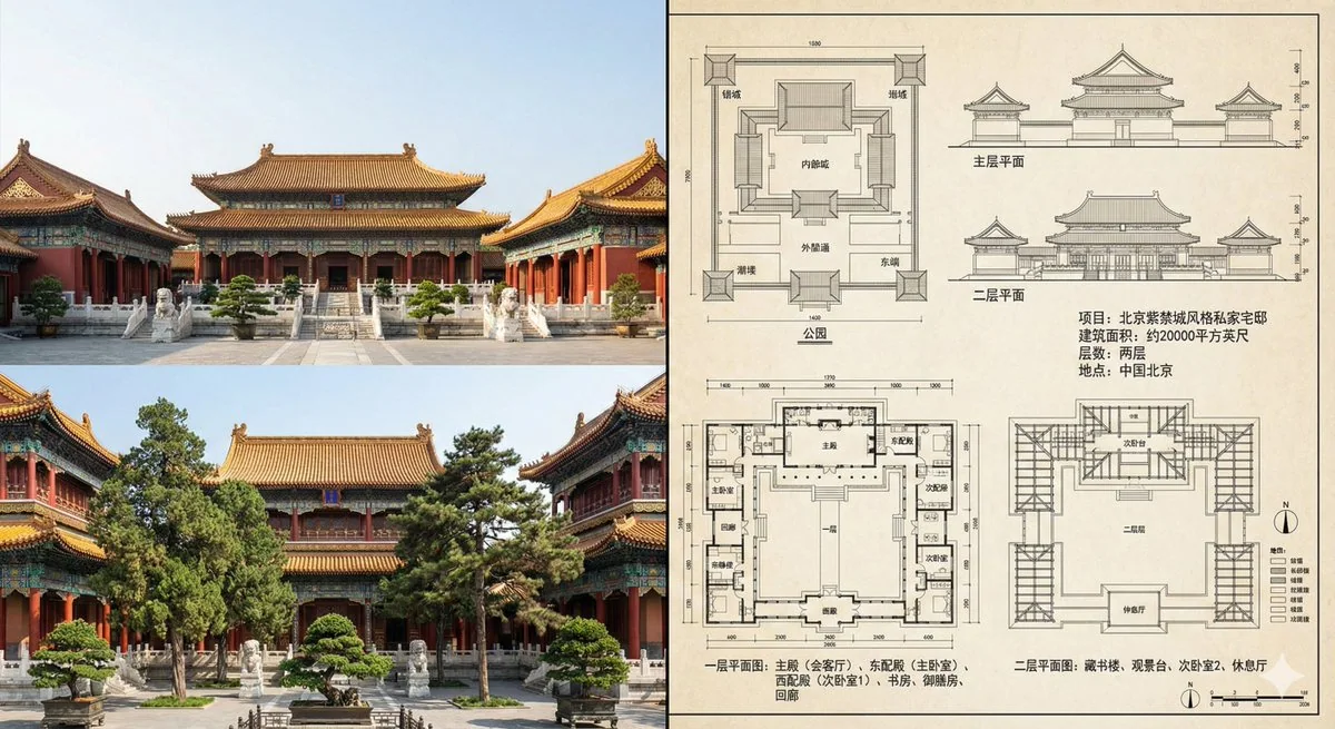 紫禁城の建築写真の展示と設計図