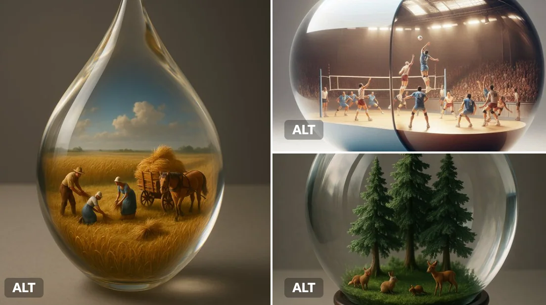 A miniature 3D world is inside a transparent container.