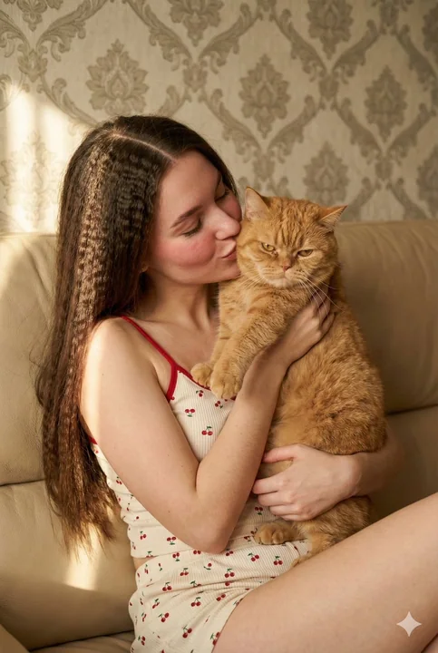 午后暖阳下穿着樱桃睡衣少女亲吻橘猫