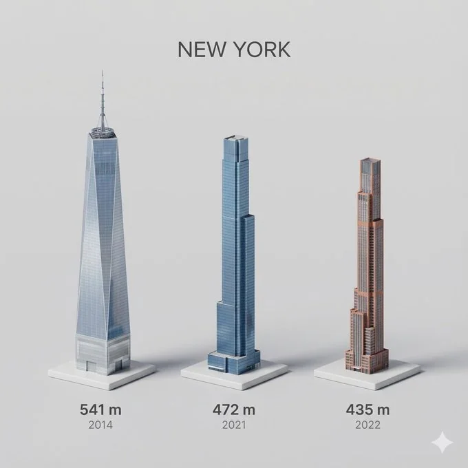 Миниатюрный 3D-картонный вид с изображением трех самых высоких зданий города