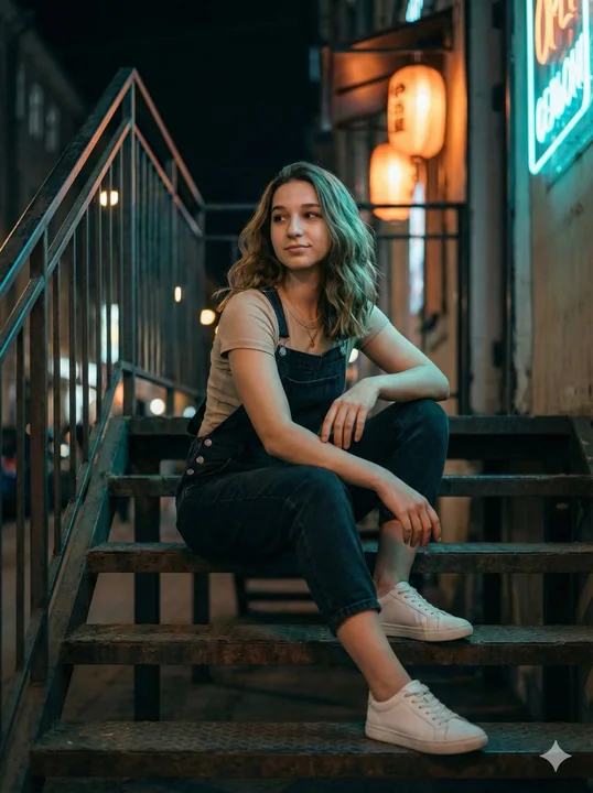 فتاة تمشي في الشارع تحت أضواء霓虹夜色下楼梯间的街头风女孩人像