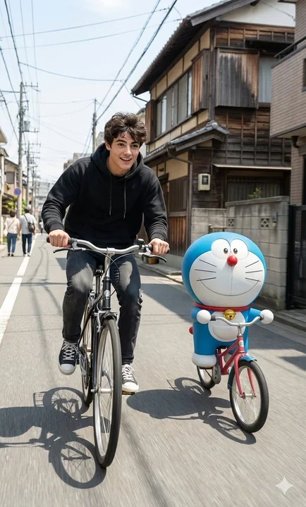 Instantané hyper-réaliste d'un jeune japonais de rue en pleine lumière avec Doraemon en train de faire du vélo ensemble