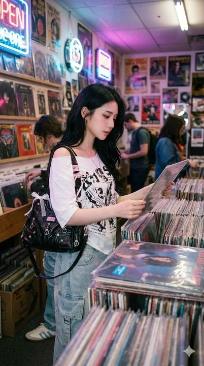 Retro Record Store Disc Hunter Girl Under Neon Lights