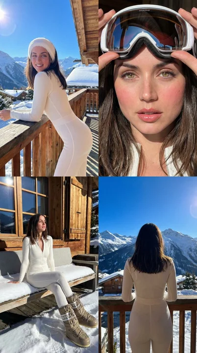 Luxury skiing socialites under the Alps snow in a four-panel grid