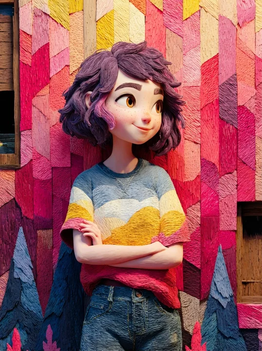 癒しの少女がピクススタイルのカラフルな木の壁の前で