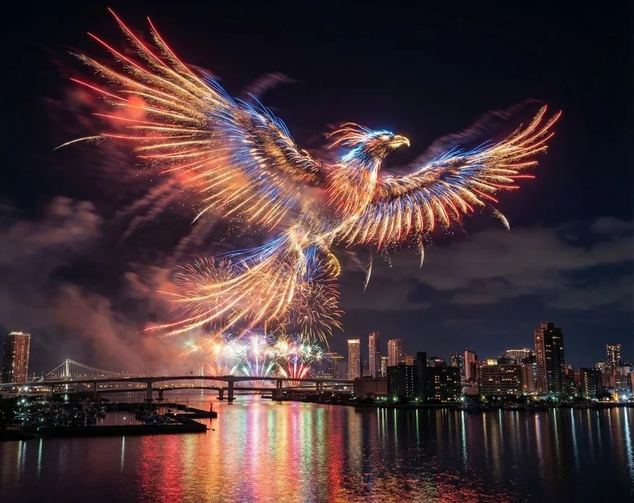 Vibrant custom fireworks illuminate the dazzling night scenery of the coastal city.