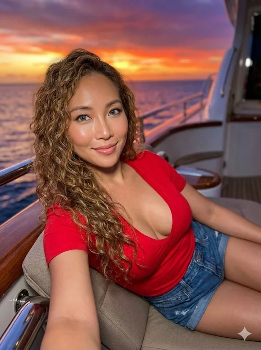 Une belle femme au cheveux caramel, vêtue d'une robe rouge, sur un yacht au coucher du soleil dans les Caraïbes