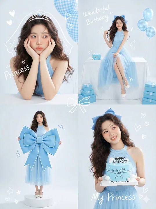 Photographie en quatre cases de l'anniversaire d'un idole coréen, thème bleu, style rêveur
